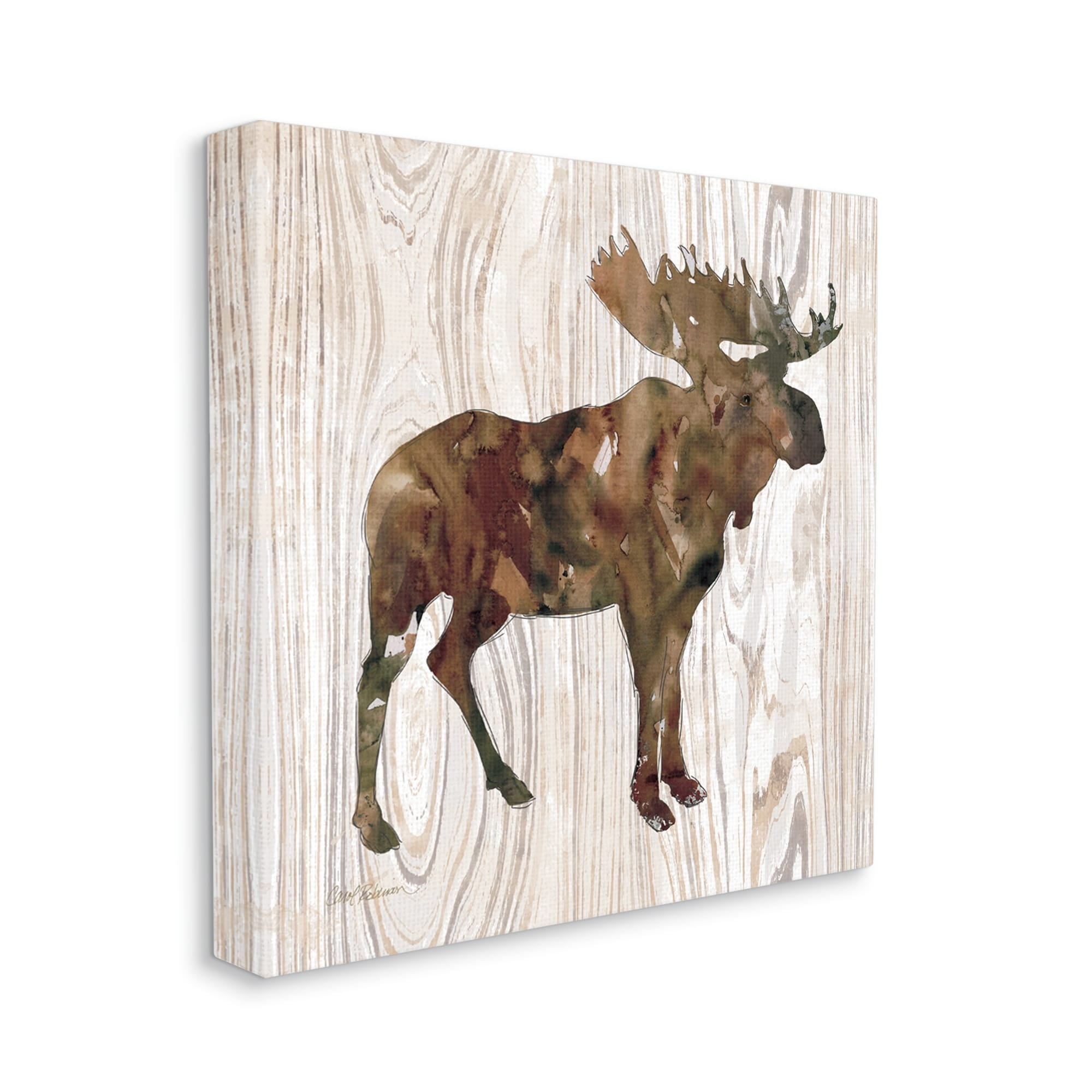 Brown Watercolor Moose Silhouette Rustic Grain Pattern Animals & Insects Gallery-Wrapped Canvas Print Wall Art, 17x17