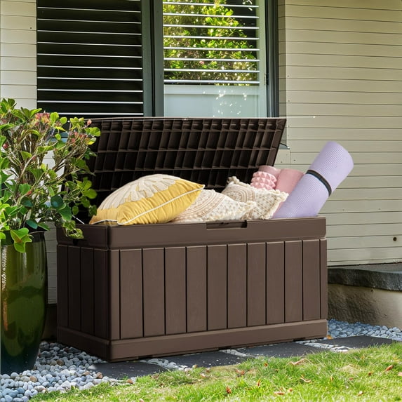 Brown Waterproof 85 Gallon Deck Box: Large Outdoor Resin Storage Container, Lockable Patio Bench