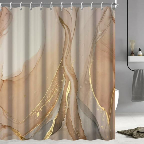 Brown Waterproof Shower Curtain, Modern Brown Gold Grey Marble Shower Curtain for Bathroom Aesthetic Ink Texture Waterproof Shower Curtain Set with Hooks 72"W x 96"L (Pack of 1)