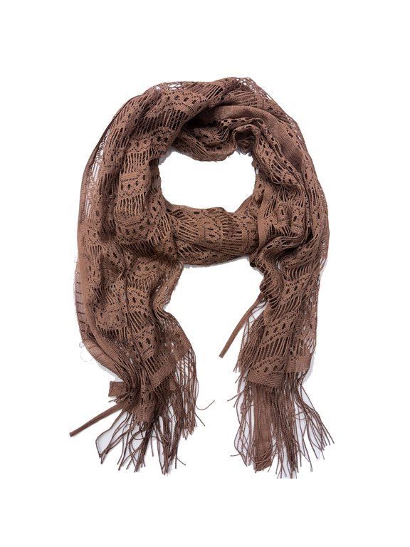 Brown Wave Brown Open-Weave Crochet Lace Fringe Scarf - Lightweight Oblong Wrap for Women