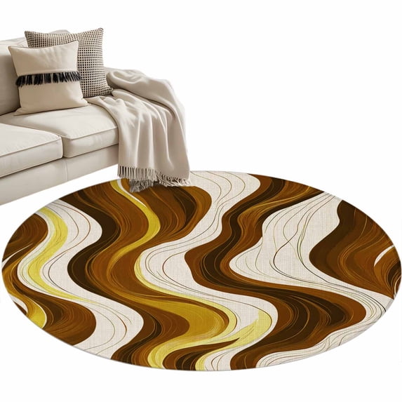 Brown Wave Round Area Rug 4ft Modern Abstract Art Gold White Line Stripes Linen Non-Slip Washable Circle Rugs Soft Felt Indoor Floor Mat for Bedroom Kitchen Living Room Bathroom