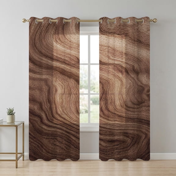 Brown Wave Wood Grain Sheer Curtains 90 Inch Long 2 Panels, Farmhouse Plants Annual Rings Texture Light Filtering Semi Sheer Drapes Grommet Voile Window Curtain for Living Bedroom W52 x L90