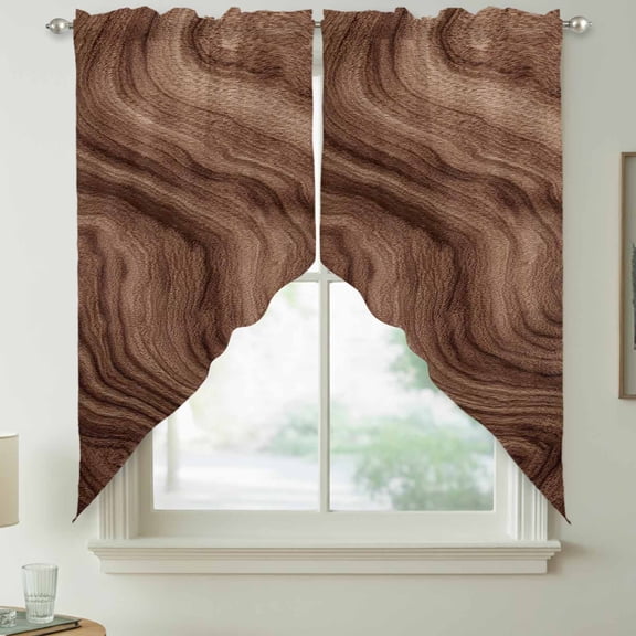 Brown Wave Wood Grain Swag Kitchen Curtain Valances, Farmhouse Plants Annual Rings Texture Rod Pocket Curtains Window Treatment Decor Valances for Bedroom Bathroom, 2 Panels 36 x 63 Inch