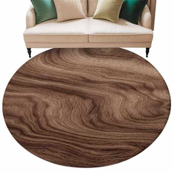 Brown Wave Wood Grain Washable Round Area Rug 5 ft, Farmhouse Plants Annual Rings Texture, Soft Non Slip Rugs Stain Repellent Indoor Felt Carpet for Living Dining Room Bedroom Home Office