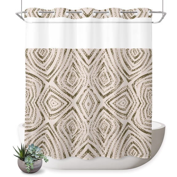 Brown Wavy Lines No Hook Shower Curtain Country Abstract Watercolor Geometric Patterns Shower Curtain with See Through Top Window, Waterproof Washable Fabric Curtain for Bathroom Hotel Decor, 66Wx72L