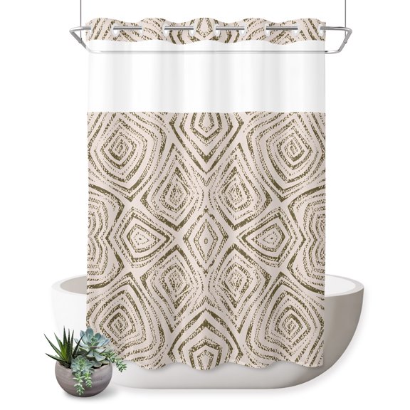 Brown Wavy Lines No Hook Shower Curtain Country Abstract Watercolor Geometric Patterns Shower Curtain with See Through Top Window, Waterproof Washable Fabric Curtain for Bathroom Hotel Decor, 72Wx96L