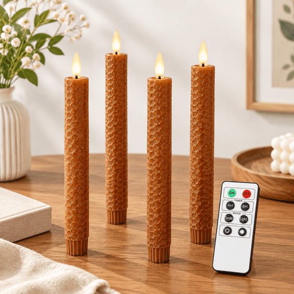Brown Wax Finished LED Taper Candles with Timer and Remote, Set of 4