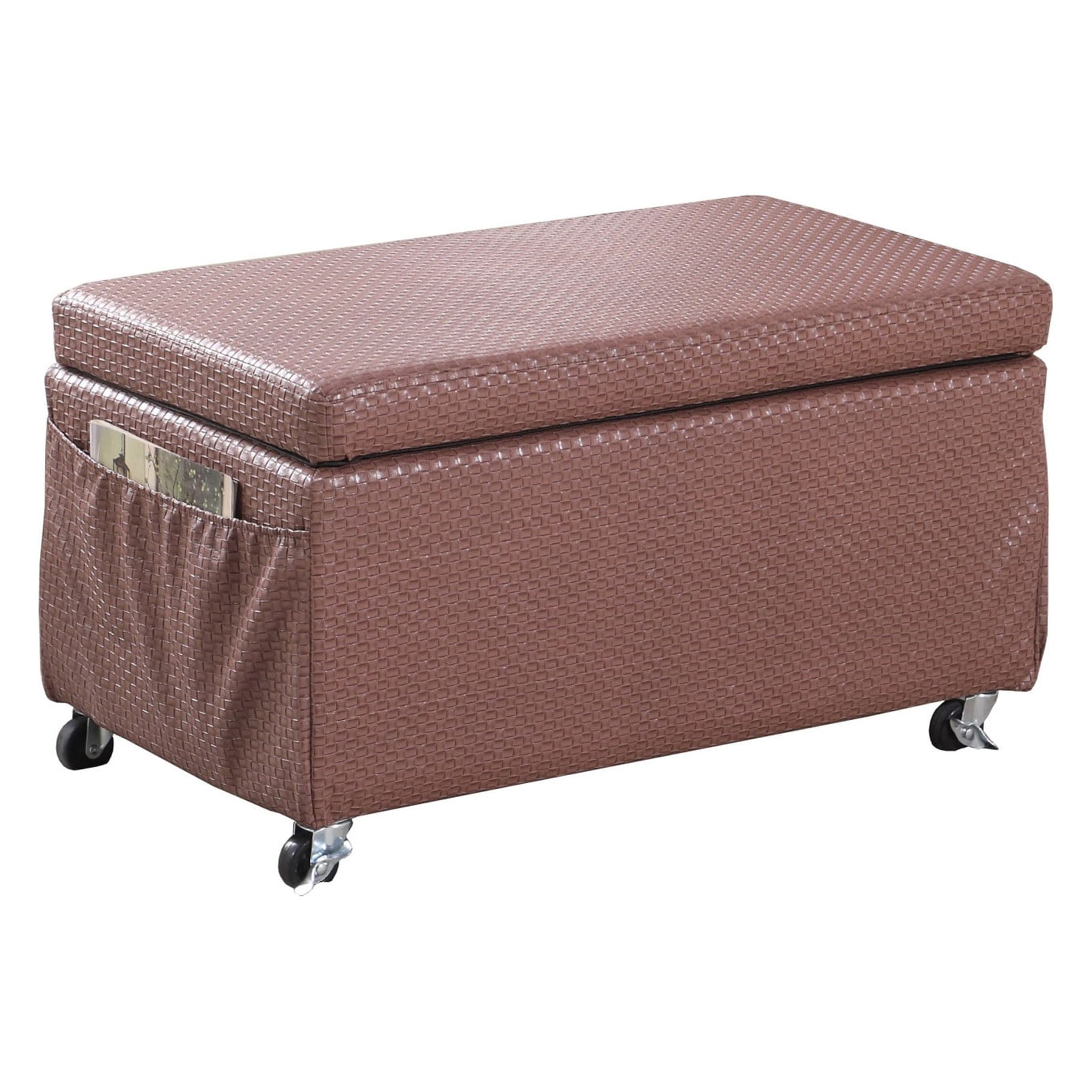 Brown Faux Leather Rolling Storage Ottoman with Magazine Pockets