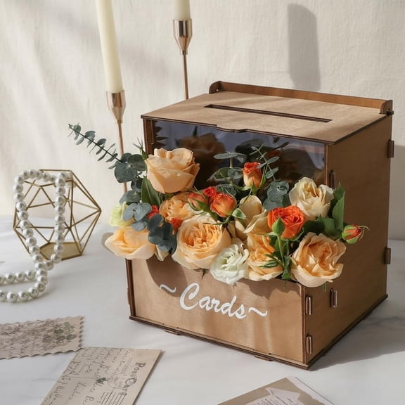 Brown Wedding Card Box with Flower Trough & Acrylic Board for Reception, Honeymoon, Graduation, Birthday Party Decorations