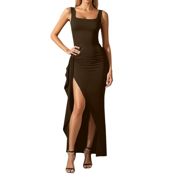 Brown Wedding Guest Dress Women's Elegant Evening Dress Sexy Maxi Bodycon Long Dress Square Neck Sleeveless Party Gown with High Slit for Wedding Festive Occasions M Spandex