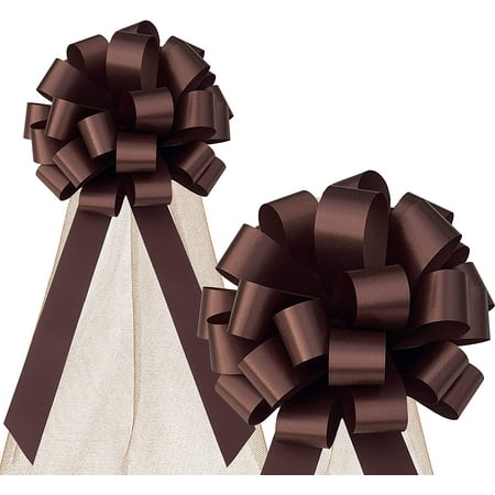 Brown Wedding Pull Bows with Tulle Tails - 8" Wide, Set of 6, Thanksgiving, Fall