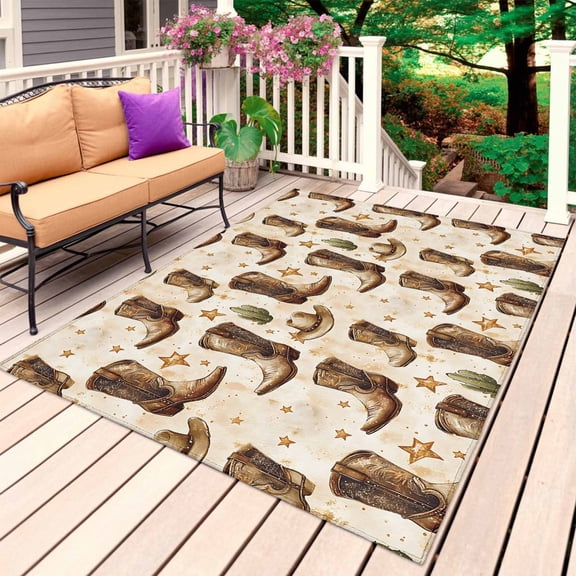 Brown Western Cowboy Outdoor Rug 4x6 Ft, Non Slip Washable Area Rug, Vintage Desert Botanical Patio Rugs Carpet Runner, Large Floor Mat for Indoor/Outdoor Deck Porch Camping