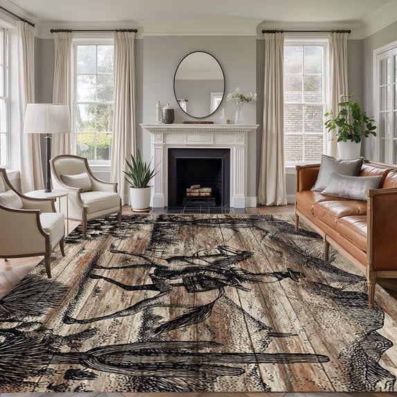 Brown Western Farmhouse Area Rugs 5'x8', Washable Small Throw Rugs for Classroom Bedroom, Vintage Cowboys Cactus Indoor Outdoor Rug Non-Slip Low Pile Carpet Runner Reversible Floor Mats