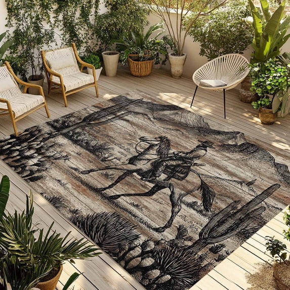 Brown Western Farmhouse Outdoor Rug for Patio/Deck/Porch, Non-Slip Large Area Rug 4 x 6 Ft, Vintage Cowboys Cactus Indoor Outdoor Rugs Washable Area Rugs, Reversible Camping Rug Carpet Runner