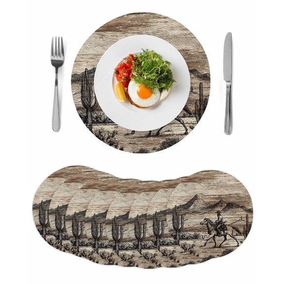 Brown Western Farmhouse Round 13 Inch Placemats Set of 8, Vintage Cowboys Cactus HeatResistant Non Slip Place Mats for Dining Table, Wipeable Braided Kitchen Table Mats for Housewarming