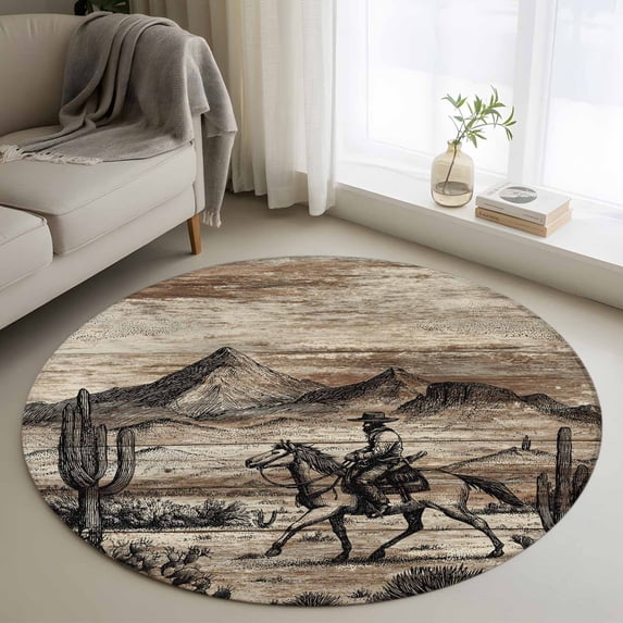 Brown Western Farmhouse Round Rug 4ft Washable Circle Entryway Rugs Non Slip Vintage Cowboys Cactus Area Rug Indoor Floor Carpet for Bedroom Kitchen Living Room Home Office Dining Room Nursery