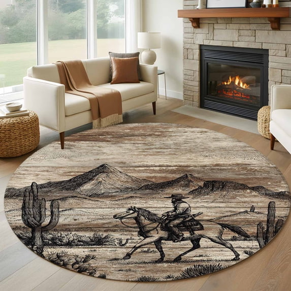 Brown Western Farmhouse Round Rug 8ft Washable Circle Rugs Non Slip Vintage Cowboys Cactus Large Area Rug Indoor Floor Carpet for Bedroom Kitchen Living Room Home Office Dining Room Nursery