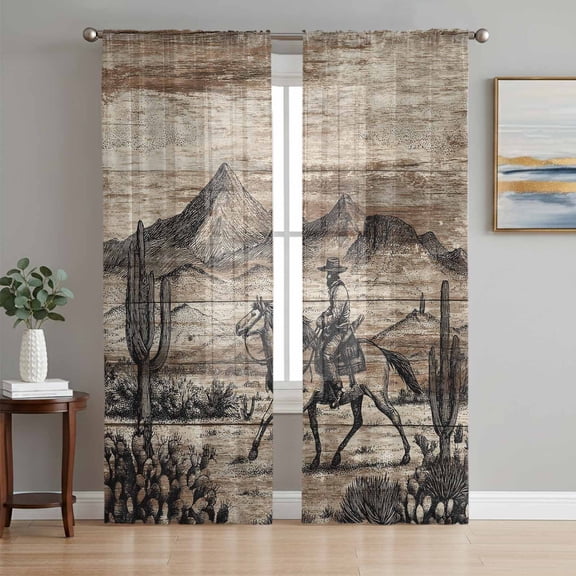 Brown Western Farmhouse Sheer Curtains 108 Inch Length 2 Panels Set Window Treatments, Vintage Cowboys Cactus Rod Pocket Semi Curtains for Living Room/Bedroom/Kitchen Décor, 104"W x 108"L