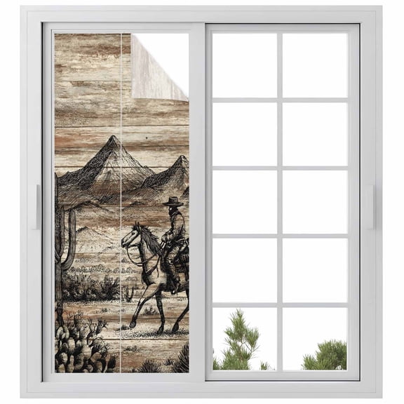Brown Western Farmhouse Window Privacy Film, Vintage Cowboys Cactus Static Cling UV Sun Blocking Heat Control Window Tint Day and Night, Non-Adhesive One Way Windows Privacy Cover 23.6''x59''