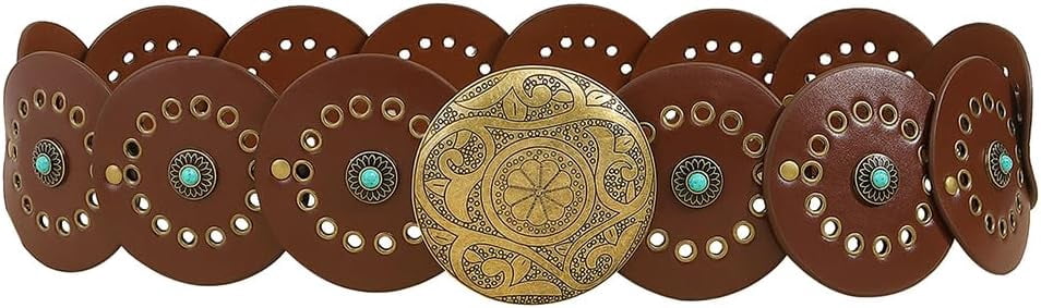 Brown Western Pu Leather Belt Wide Vintage Boho Hollow Oval 