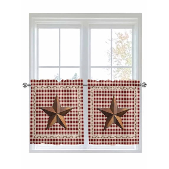 Brown Western Texas Star Vintage 2 Panel Kitchen Curtains for Small Windows, Rustic Farmhouse Red Plaid Bathroom Tier Curtain, Short Window Treatment for Bedroom/Living Room 55"x24"