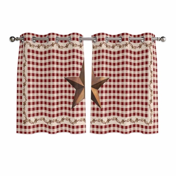 Brown Western Texas Star Vintage Kitchen Curtains Window Panels, Rustic Farmhouse Red Plaid Insulated Window Treatment Curtain, Grommet Curtains for Bedroom/Living Room/Bathroom, 2 Piece 42"Wx54"L