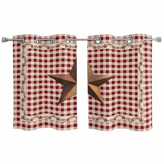 Brown Western Texas Star Vintage Kitchen Curtains Window Panels, Rustic Farmhouse Red Plaid Insulated Window Treatment Curtain, Grommet Curtains for Bedroom/Living Room/Bathroom, 2 Piece 27.5"Wx39"L