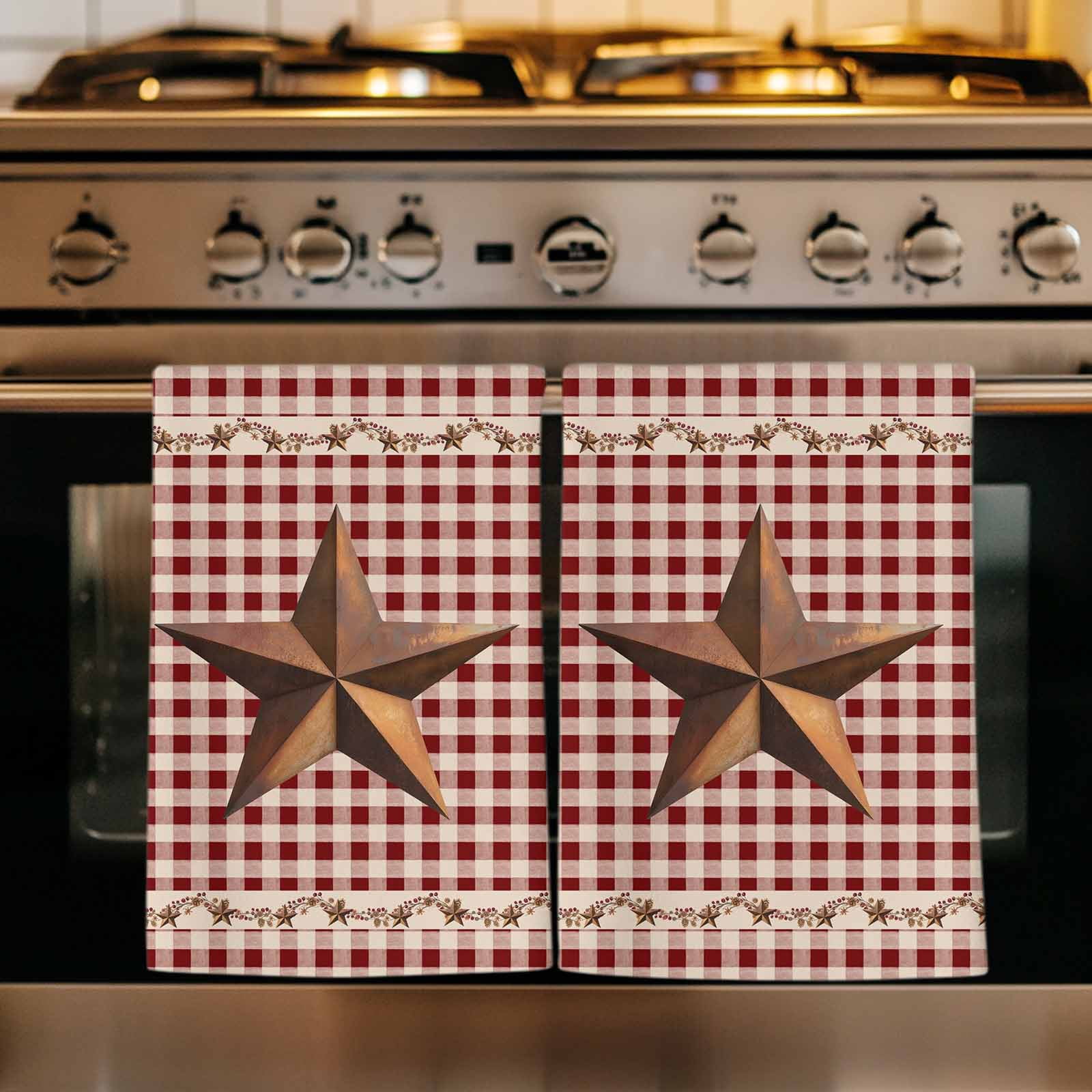 Brown Western Texas Star Vintage Kitchen Towels Set of 1, Rustic Farmhouse Red Plaid Absorbent Dish Towels for Kitchen, Microfiber Hand Towel, Quick Drying Tea Towel for Cleaning Dishcloths