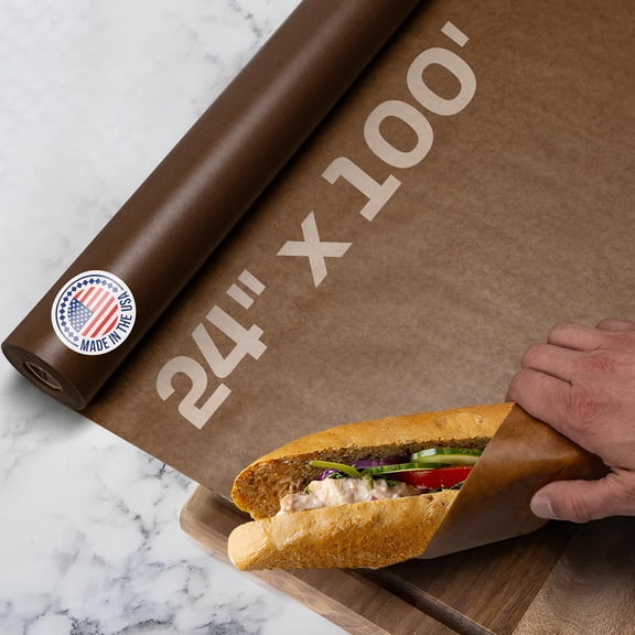 Brown Wet Wax Paper Roll 24" x 100' - USA-Made Moisture-Repellent Cooking Paper for Packing, Storing & Freezing - Heavy-Duty Food-Safe Wrapping Material for Meat, Cheese & Baked Goods by