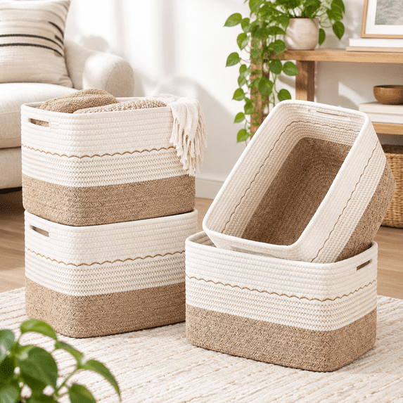 Brown & White 13''x9''x7.87'' Woven Storage Baskets for Organizing ...