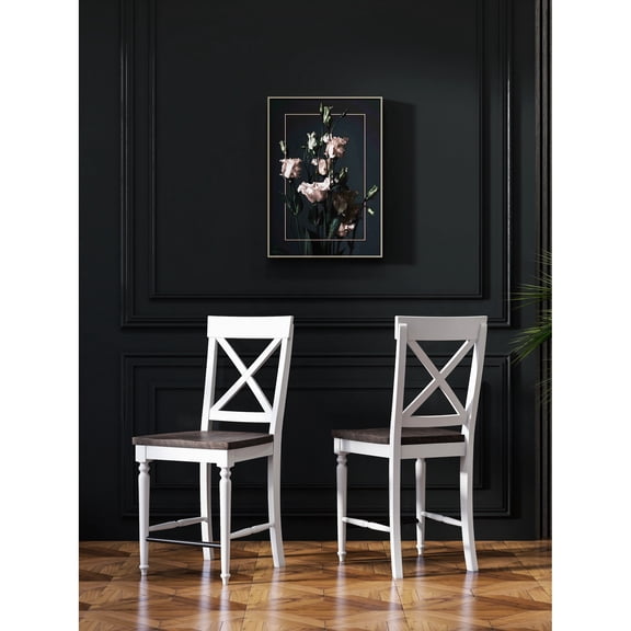 Brown And White 24" Tall Bar Stools, 2. Solid Wood For Stable Standing. Country Style In Dark & Antique White. Easy Assembly Plan. 20.0" X 24.0" 44.4" Stools Of 2, Connected. With To Assemble And