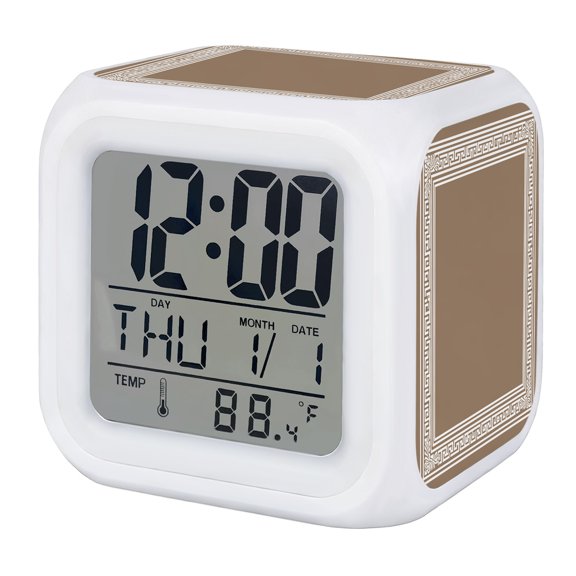 Brown White Alarm Clock, Simplistic Greek Inspired Abstract Geometric Art Digital Clock Night Light with 7 Color, Calendar Temperature Display, LED Desk Small Clock for Bedrooms Bedside Living Room