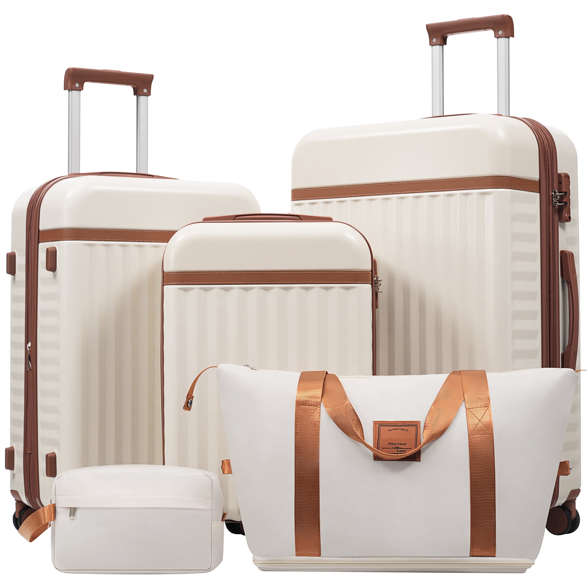 Brown+White Brown White ABS Luggage Set 5 Piece - 29.1 in Height Expandable Carry On with Spinner Wheels for Travel