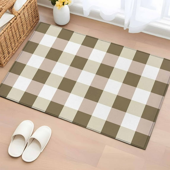 Brown White Buffalo Check 2x3 Door Mat Rug, Farmhouse Plaid Modern Geometric Non-Skid Rubber Backing Large Rectangle Rugs - Living Room Bedroom Home Office, Indoor Floor Mat Carpets Washable Rug