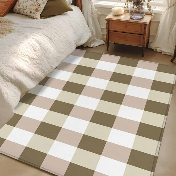 Brown White Buffalo Check 3x5 Area Rugs, Farmhouse Plaid Modern Geometric Non-Skid Rubber Backing Large Rectangle Rugs - Living Room Bedroom Home Office, Indoor Floor Mat Carpets Washable Rug