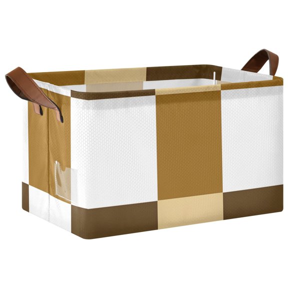 Brown White Check Pattern Collapsible Storage Bin Open Home Shelf Basket Water-Resistant Iron Frame Large