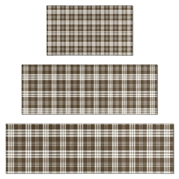 Brown and White Checkerboard Checkered Pattern Kitchen Rugs Sets Of 3,Kitchen Runner Rugs Non Skid Washable,Decorative Kitchen Floor Mats for Kitchen,Sink,Laundry,17"x30"+ 17"x47" + 17"x59"