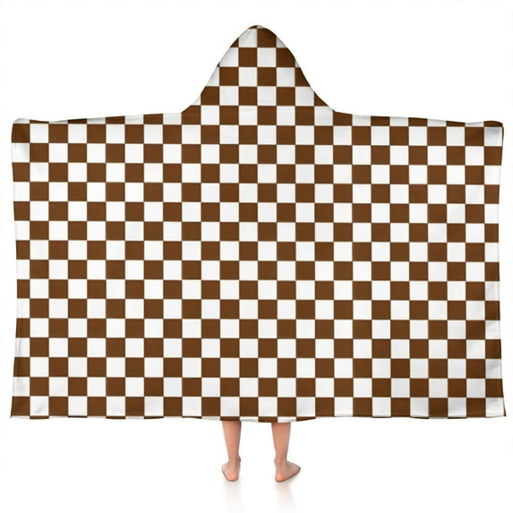 Brown and White Checkerboard Pattern Hooded Bath Towel,50"x30" for Ages 3 To 12 Kids, Quick Dry Lightweight Soft Microfiber Hood Beach Towel Cover Up for Kids