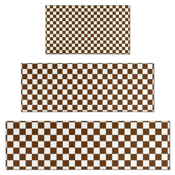 Brown and White Checkerboard Pattern Kitchen Rugs Sets Of 3,Kitchen Runner Rugs Non Skid Washable,Decorative Kitchen Floor Mats for Kitchen,Sink,Laundry,17"x30"+ 17"x47" + 17"x59"