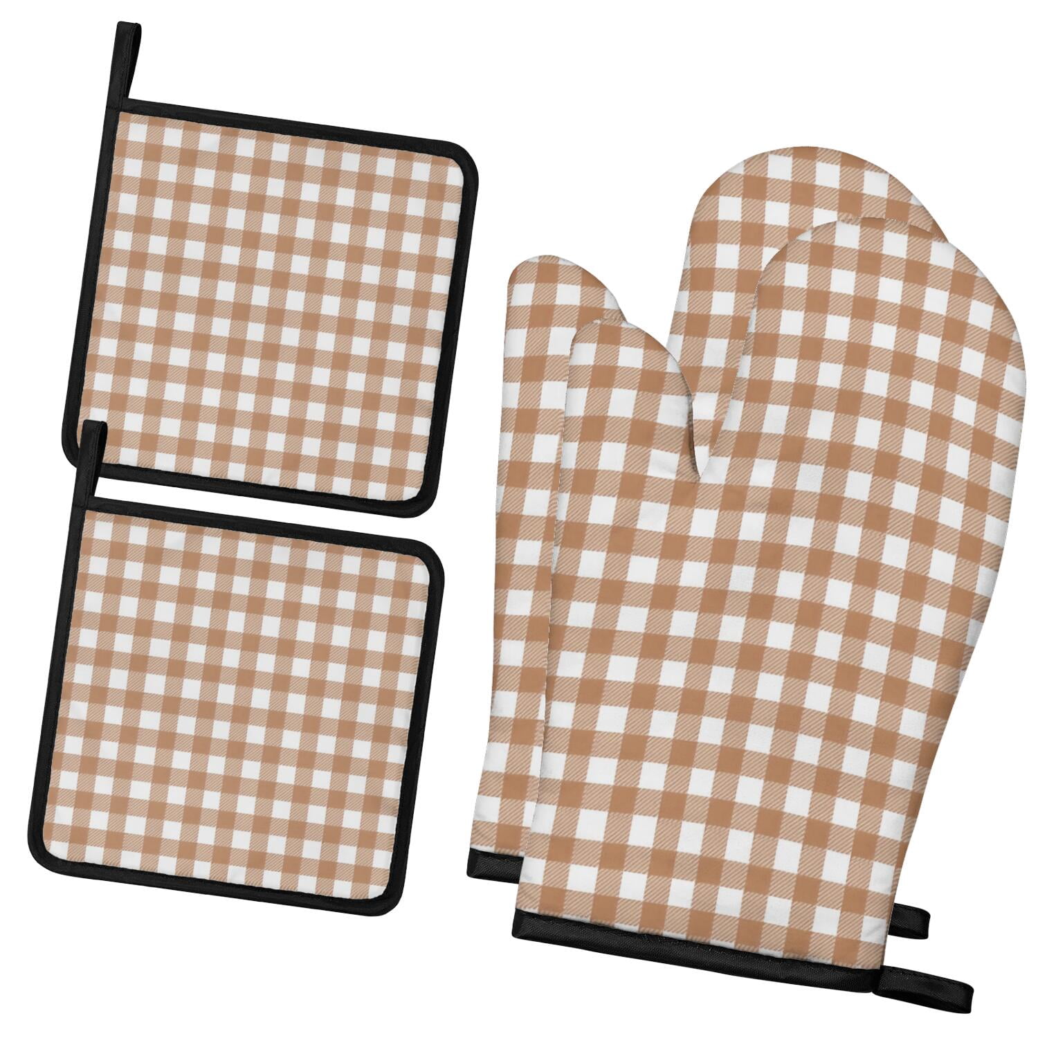Brown and White Checkered Pattern 2 Pack Oven Mitts Pot Holders Set ...