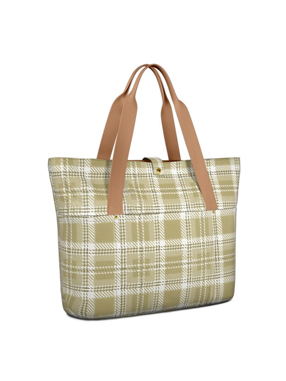 Brown and White Checkered Pattern Large Tote Bag for Women, Polyester Roomy Beach Bag with Pockets and Zipper, Water Resistant Gifts Ideas for Christmas Birthday