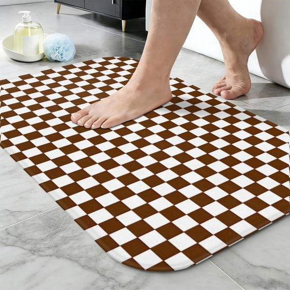 Brown and White Checkered Pattern Non-Slip Bath Mat, Entryway Door Rug ...