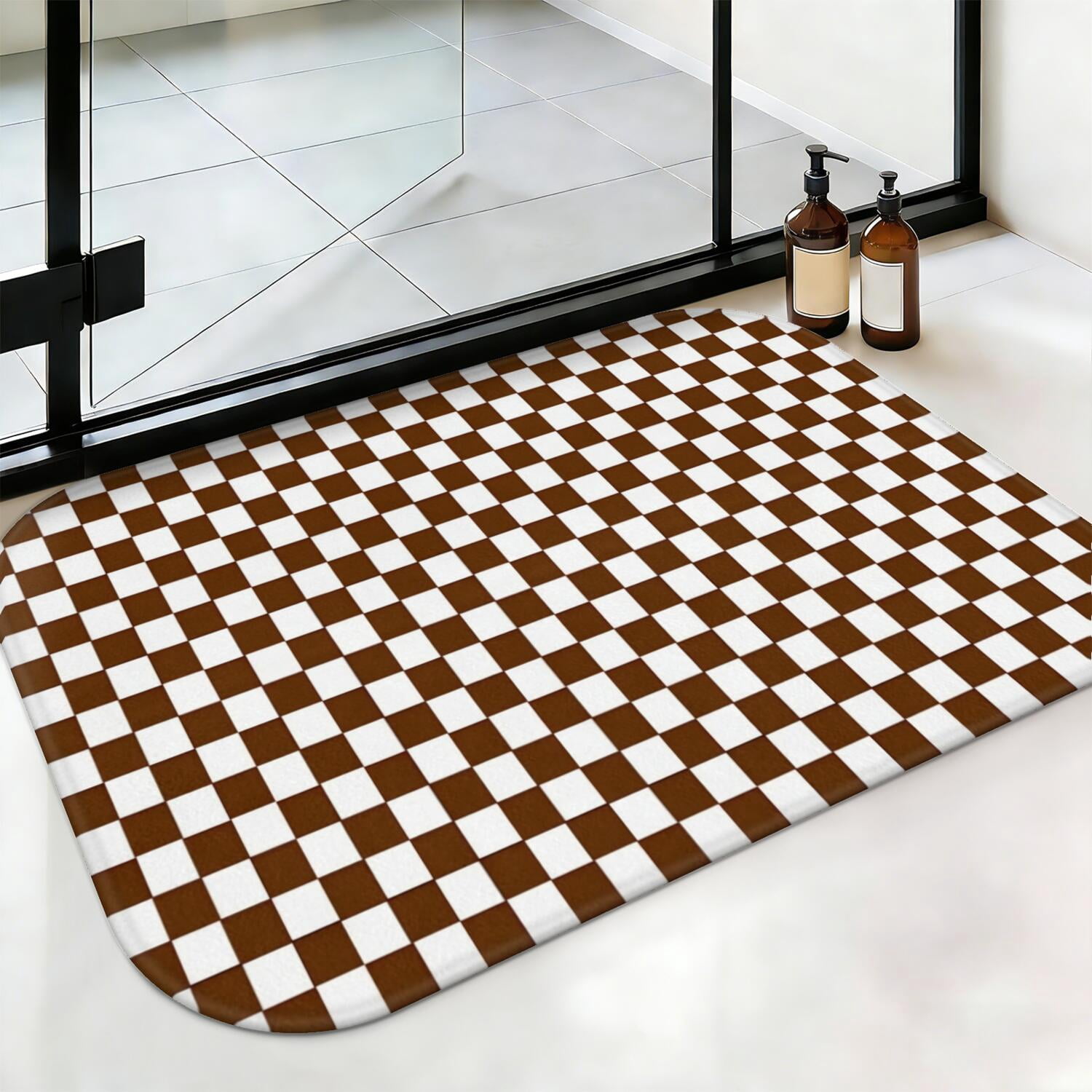Brown and White Checkered Pattern Non-Slip Bath Mat, Shower Room Rug ...