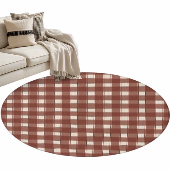 Brown White Checkered Round Rug 3.3ft Washable Circle Entryway Rugs Non ...