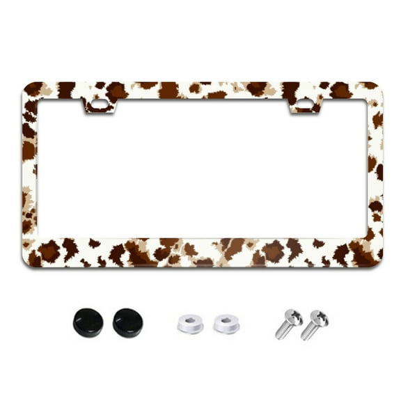 Brown White Cow Print License Plate Frames for Women Men Car Plate Holder Cover Metal Tag Aluminum Car Accessories Front Rear Plate Decor