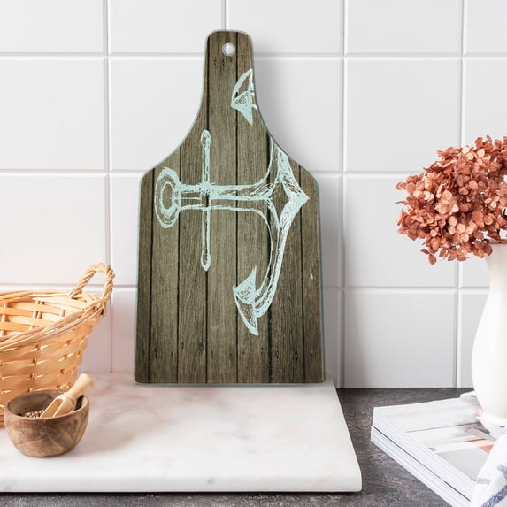 Brown and White Cutting Board, Anchor Motif Hand Drawing Boating Sketch Rustic Wooden Planks Coastal, Tempered Glass Cutting and Serving Board, Wine Bottle Shape, Taupe Coconut, by Ambesonne