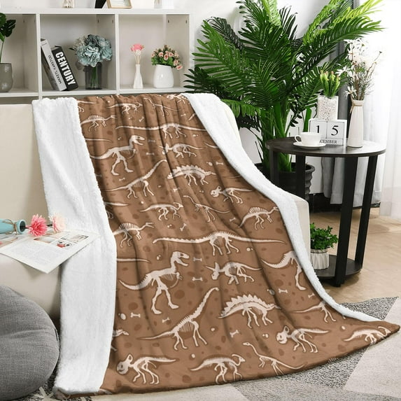 Brown White Dinosaurs Fossils Pattern Blanket,Comfortable Soft Lamb Wool Throw Blanket,All Season,Warm Lightweight Blankets for Sofa Bed Couch Living Room Chair,50"x60"