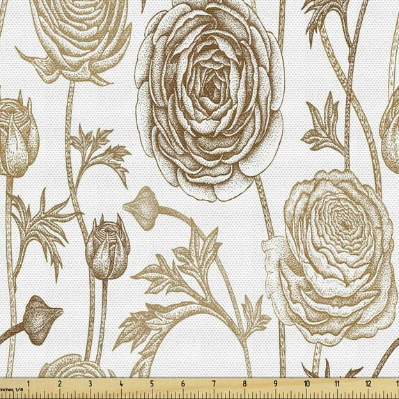 Brown and White Fabric by the Yard, Vintage Illustration of Burgeoning Buttercup Flowers Garden Plants, Upholstery Fabric for Dining Chairs Home Decor Accents, 2 Yards, Pale Brown White by Ambesonne