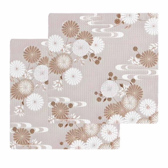Brown White Floral Kitchen Dish Towels for Drying Dishes Set of 2, Spring Botanical Leaves Farmhouse Waffle Weave Microfiber Hand Tea Bathroom Towels Quick Dry & Absorbent Towel 12x12