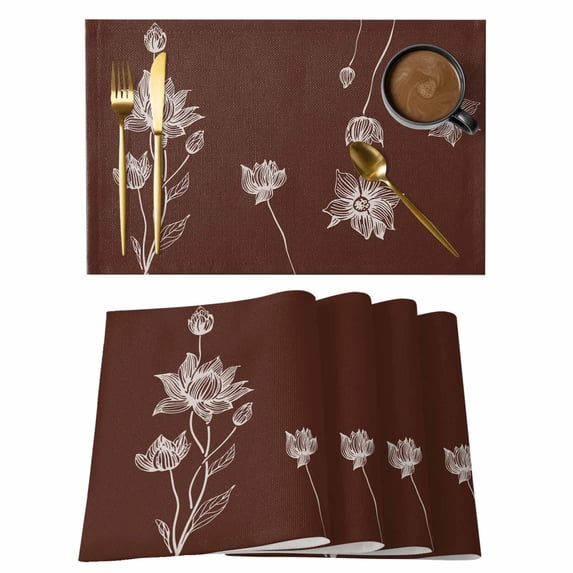 Brown White Floral Placemats Set of 4, Abstract Art Summer Botanical Placemats for Dining Table, Place Mats for Kitchen Tabletop, Waterproof Wipeable Dining Table Mats Set